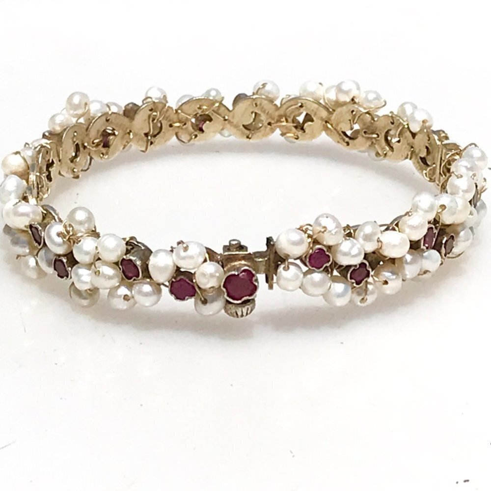 Austro Hungarian AAA Ruby Pearl Gilded Sterling Silver Bracelet Rare Antique 925